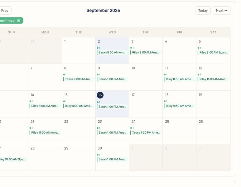 A month calendar of confirmed interpreter bookings in the availability checker