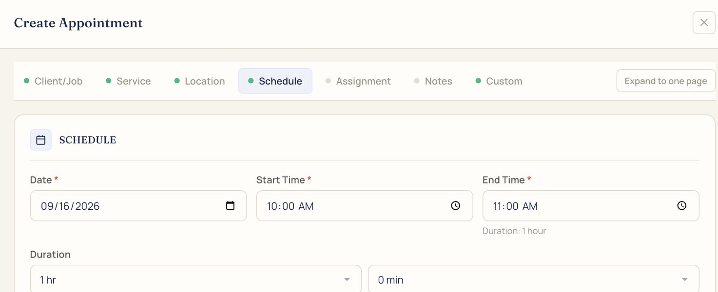 Create Appointment form on the Schedule step: date, start and end time, and duration