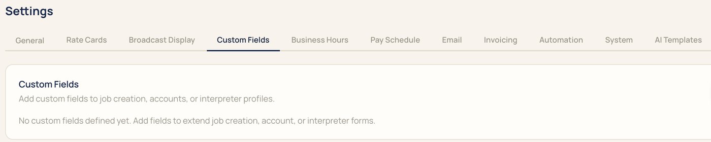 The IMP Settings tabs: General, Rate Cards, Broadcast Display, Custom Fields, Business Hours, Pay Schedule, Email, Invoicing, Automation, System, and AI Templates